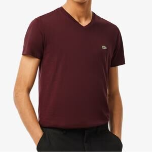 Lacoste Men's Short Sleeve V-Neck Tee - Deep Burgundy - XL